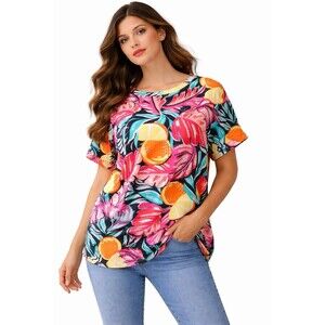 Crown & Ivy L Tropical Fruit Print Blouse Short Sleeve Colorful Summer Top Beach
